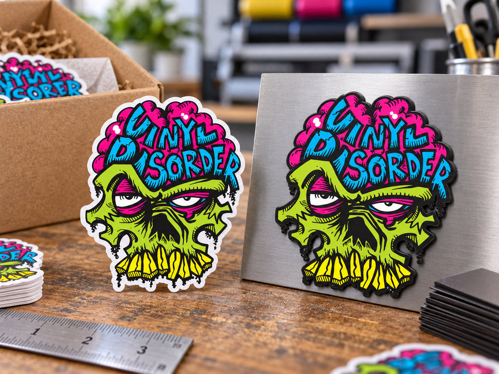 Matching Vinyl Disorder custom sticker and magnet displayed side by side on a workshop table