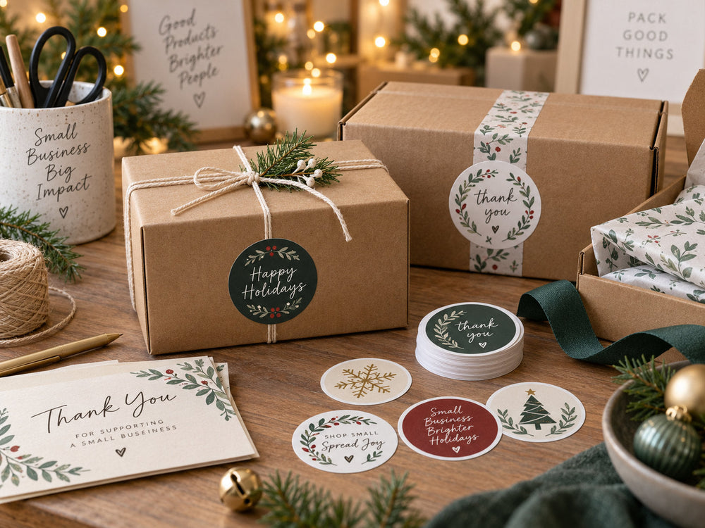 Holiday small business packing station with kraft gift boxes, seasonal stickers, ribbon, tissue paper, and festive greenery