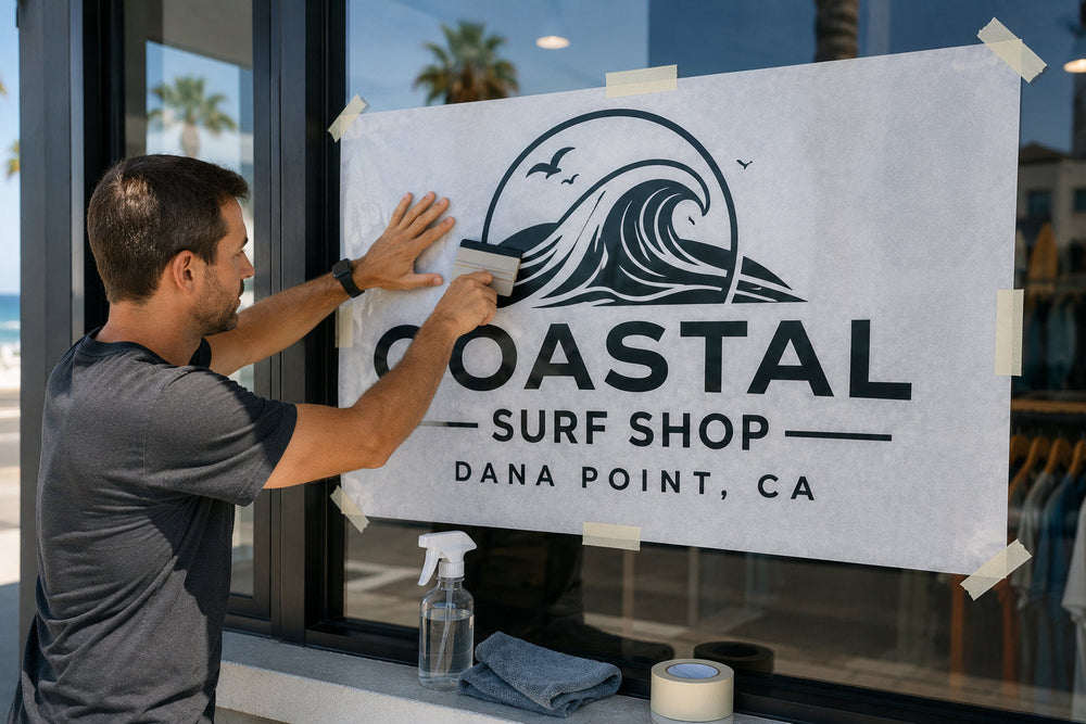 Adult installer applying a large fictional storefront vinyl decal to glass using transfer material and a squeegee