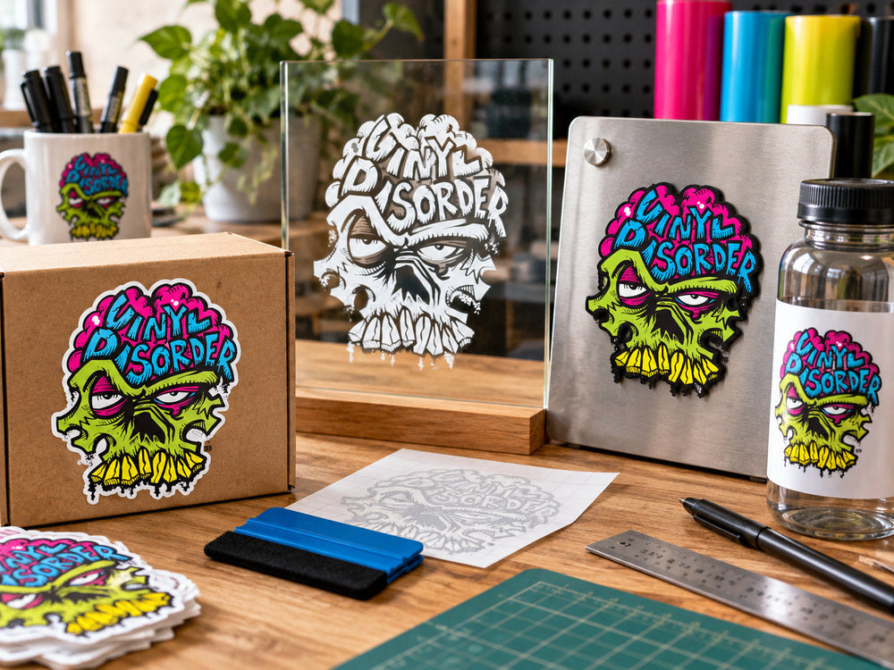 Vinyl Disorder sticker, cut decal sample, vehicle magnet, and product label shown together in a small business workshop