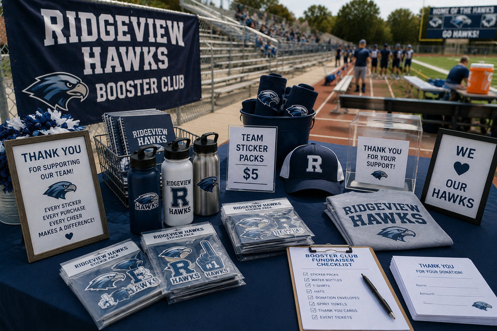 Fictional Ridgeview Hawks booster club fundraising table beside the field with sticker packs, bottles, spirit gear, donation materials, and supporter signage