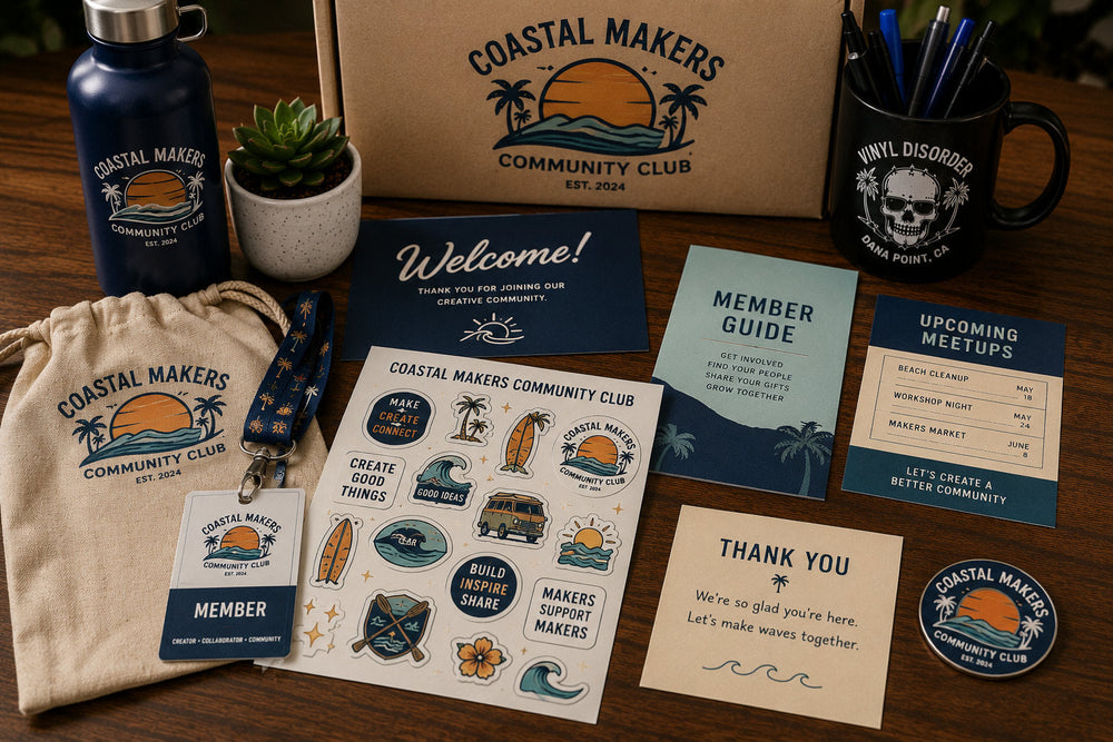 Fictional community club welcome kit with a coordinated sticker sheet, membership badge, bottle, welcome materials, and tote