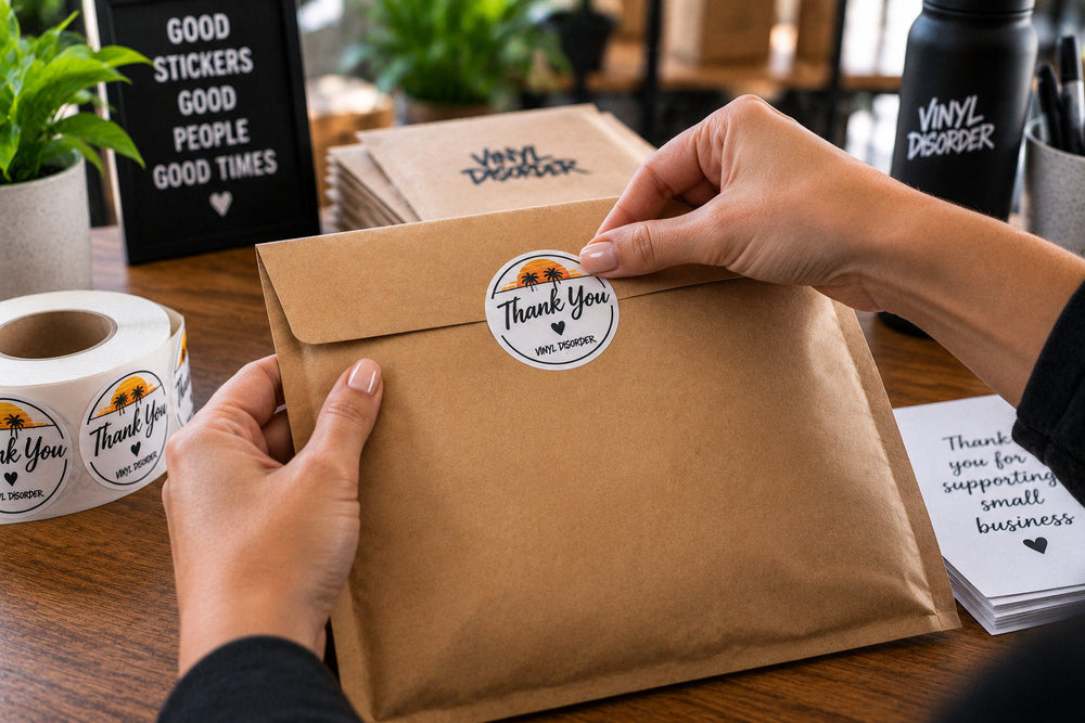 Small business owner sealing a kraft mailer with a Vinyl Disorder thank-you sticker