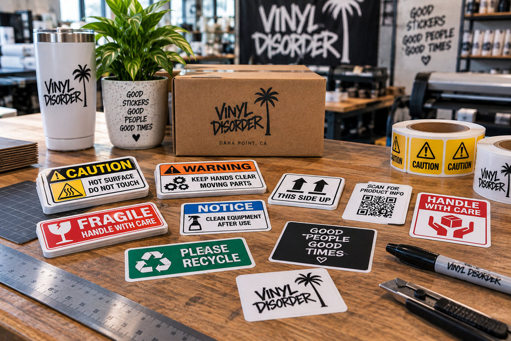 Warning, information, instruction, QR, and utility sticker samples displayed on a Vinyl Disorder print shop worktable