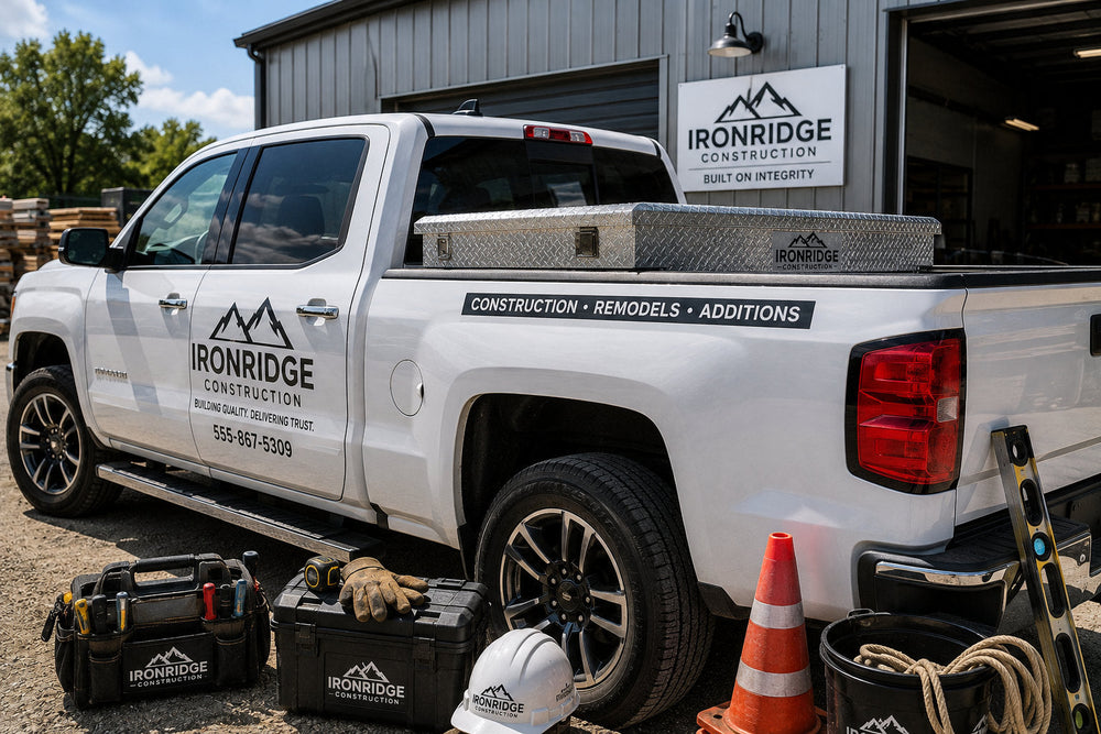 Fictional contractor work truck outside a shop with branded truck-bed toolbox, hard cases, tools, hard hat, and work gear