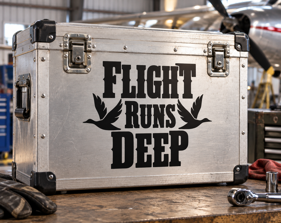 Vinyl decal with bold black “FLIGHT RUNS DEEP” text and winged emblem