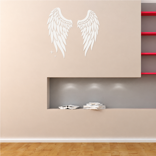 Mirrored angel wing pair vinyl decals with four-point sparkle accents, white