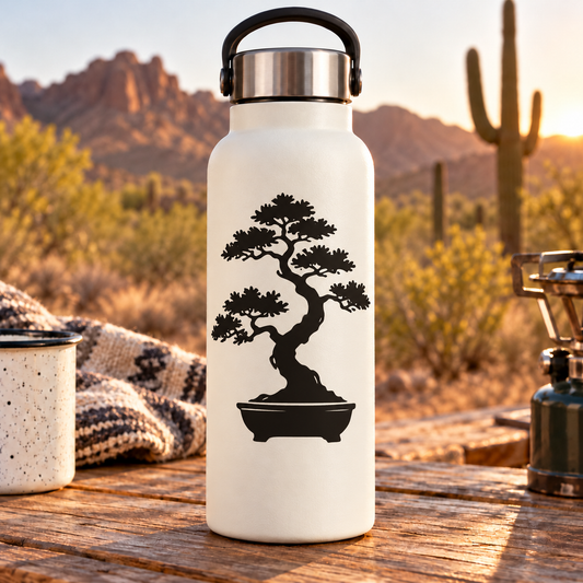 Vinyl decal of bonsai tree with layered foliage in oval pot on a white bottle