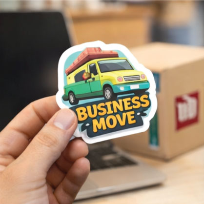 Die-cut logo sticker with yellow-green van and bold “BUSINESS MOVE” text