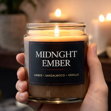 Candle label sticker with “MIDNIGHT EMBER” text on a dark blue label