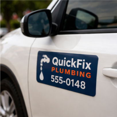 Car magnet sign on white car door with blue QuickFix Plumbing phone number