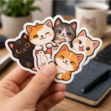 Cat sticker set with six cartoon cat faces, held by a hand