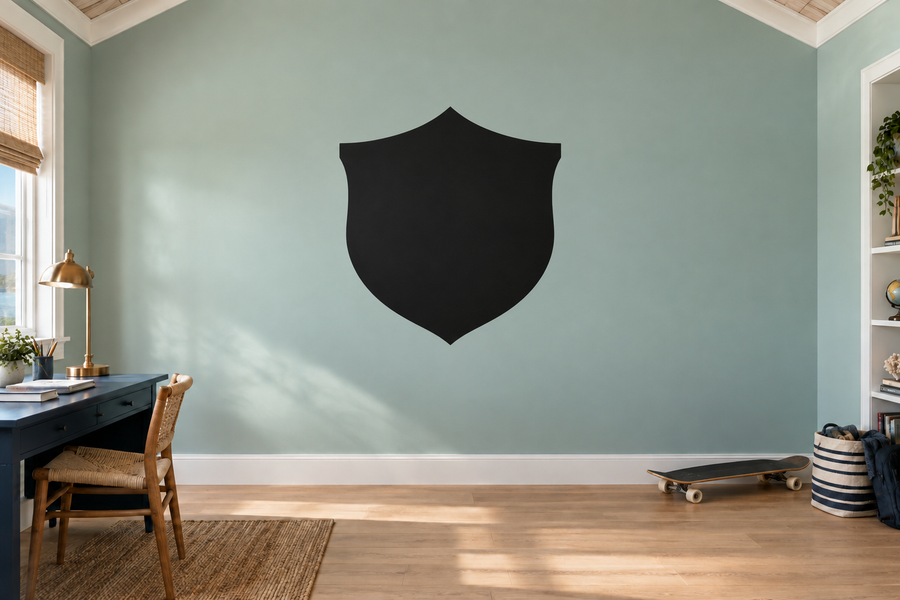 Black shield-shaped chalkboard vinyl decal for welcome signage on a wall