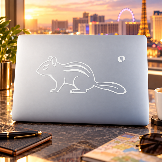 Chipmunk vinyl decal with crescent moon accent, white outline on dark surface