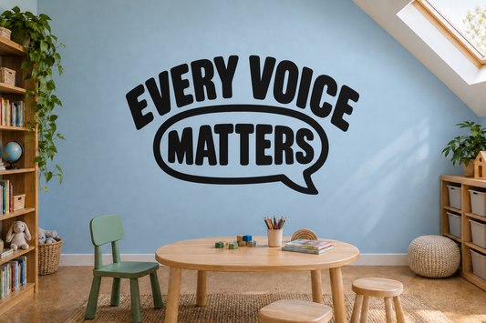 Vinyl decal with black speech-bubble text: “EVERY VOICE MATTERS”