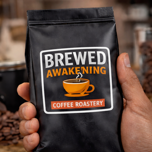 Coffee label on black coffee bag: BREWED AWAKENING, coffee roastery, cup icon