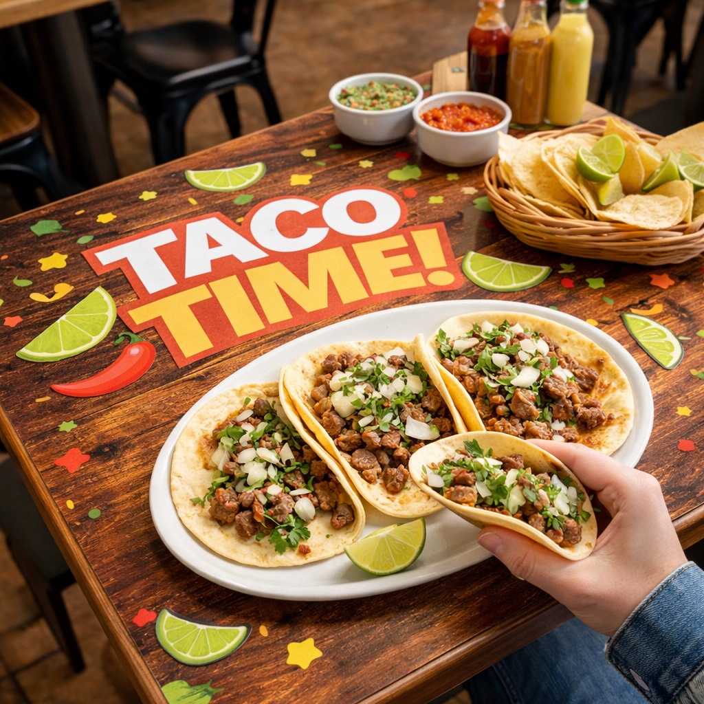 Person holding a plate of tacos on a table with 'Taco Time!' sign and condiments.