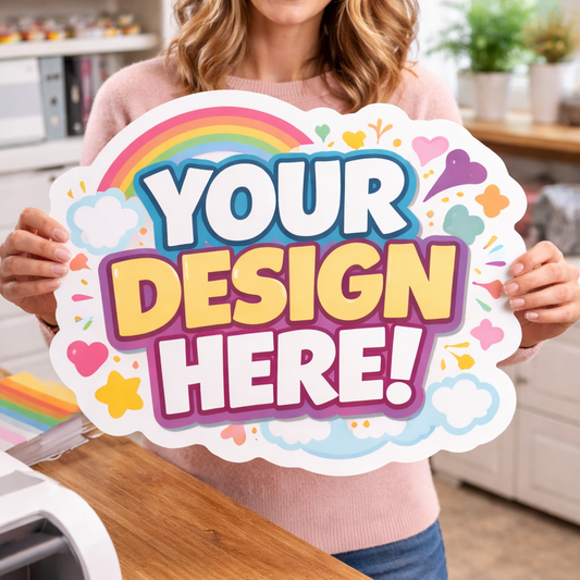 Woman holding a colorful sign with 'Your Design Here!' text in a home office setting.