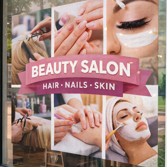 Advertisement for a beauty salon with various services on a glass window.