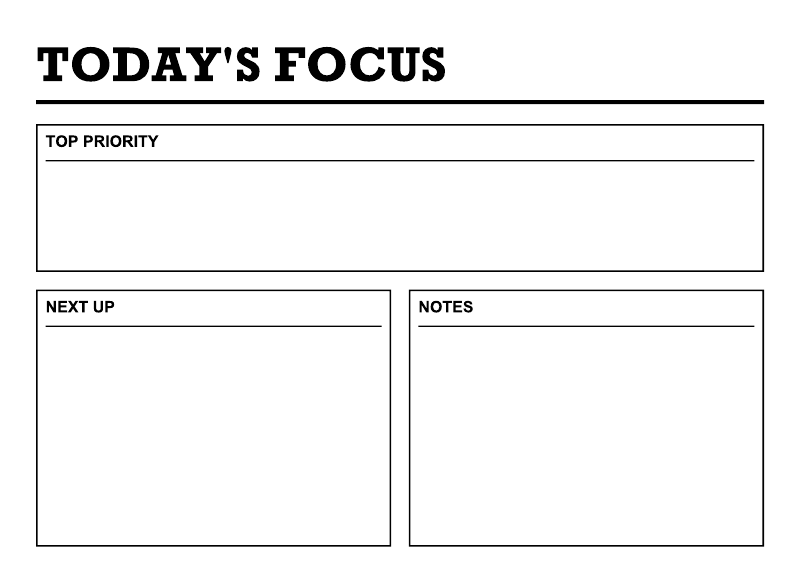 "Today's Focus" dry-erase overlay with Top Priority, Next Up, and Notes boxes