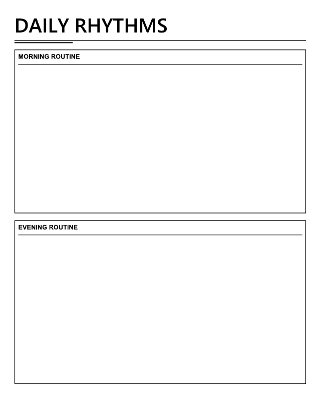 Close-up of 'Daily Rhythms' whiteboard planning overlay with morning and evening boxes