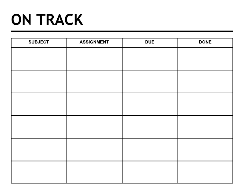 On Track dry-erase assignment tracker overlay with subject, assignment, due, done table