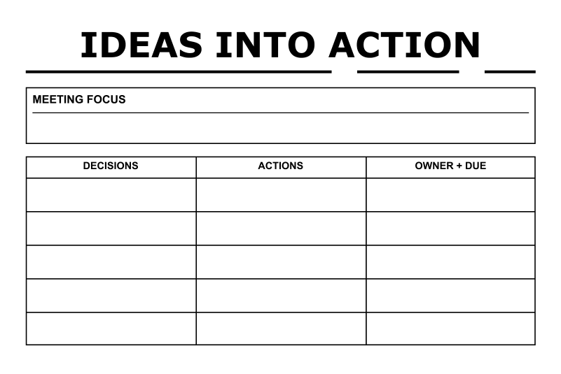 White dry-erase meeting board section with Ideas Into Action header and table lines