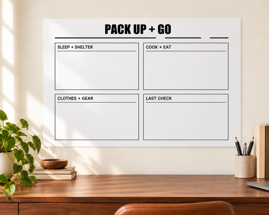 White camping pack board dry-erase panel with PACK UP + GO and 4 check boxes