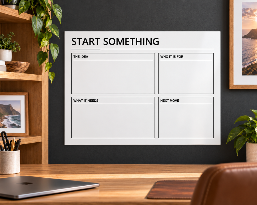 White dry-erase creative brief panel with four blank sections and header text 'START SOMETHING'