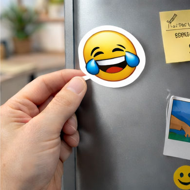 Laughing emoji magnet with tears, round white border