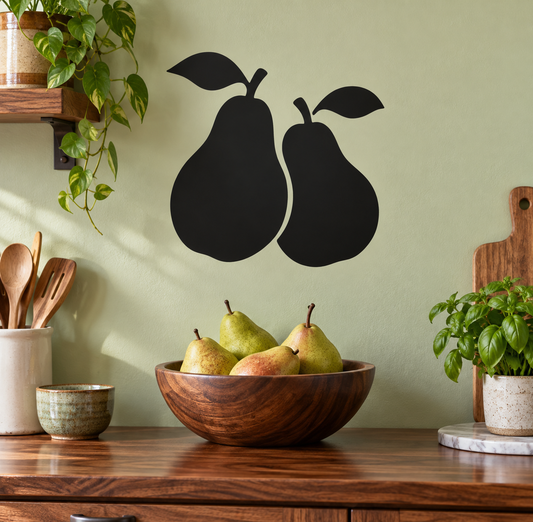 Pair of black pear vinyl decals with leaf outlines for wall or window