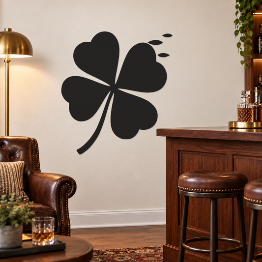 Black four-heart clover wall decal with long curved stem and small leaf cluster