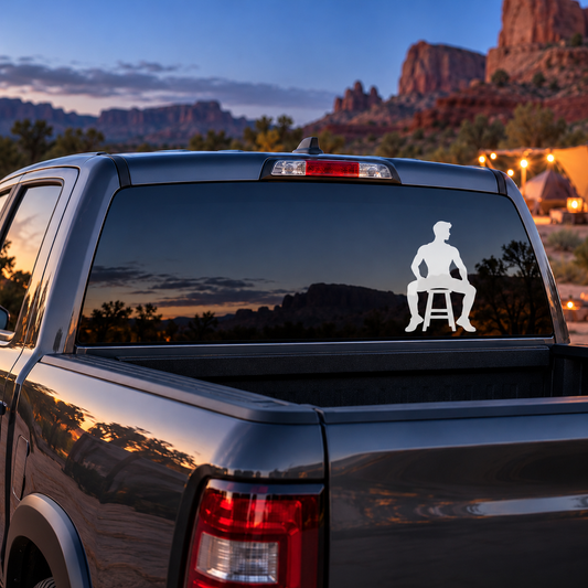 Black jazz dancer vinyl decal on car rear window: seated silhouette on chair
