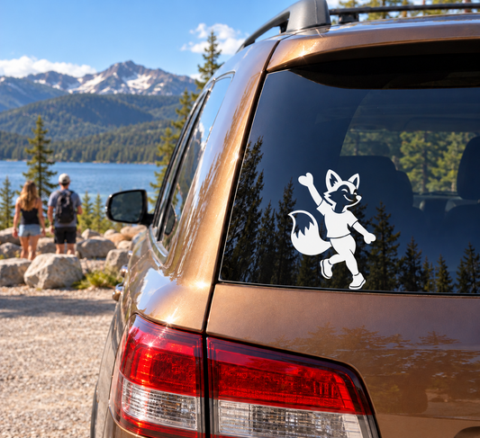 Fox jazz dancer vinyl decal on car rear window, white outline on dark glass.