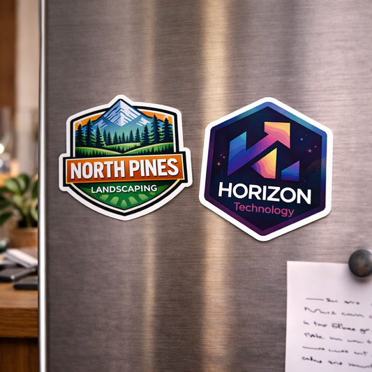 Logo magnets: two hex badges with North Pines landscape and Horizon Technology logos