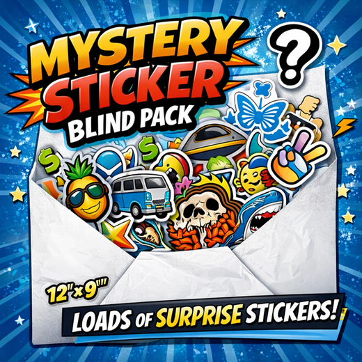 Mystery sticker blind pack box with colorful illustrated stickers and question mark header