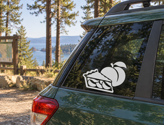 Peach pie slice vinyl decal with leaf and pie-crust outline on car window
