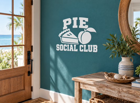 Pie Social Club vinyl decal with pie icon and stacked text on a wall