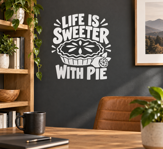 Vinyl wall decal: "Life is Sweeter" with pie graphic, white on dark