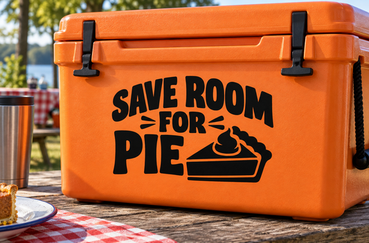 Black vinyl decal reading "SAVE ROOM FOR PIE" with pie slice graphic