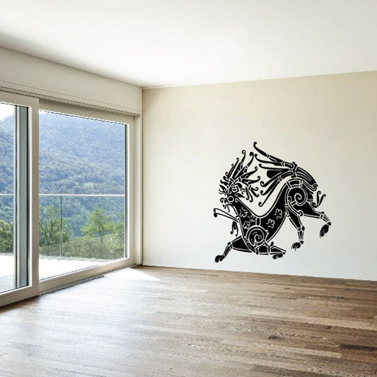 Abstract Greek capricorn wall decal, black ornate silhouette with scrollwork