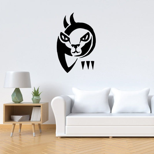 Abstract cat face wall decal, black stylized kitty with horns