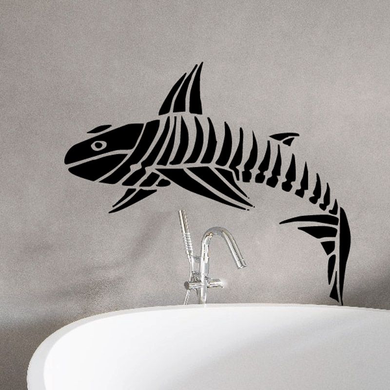 Black bone shark wall decal with detailed skeleton lines.