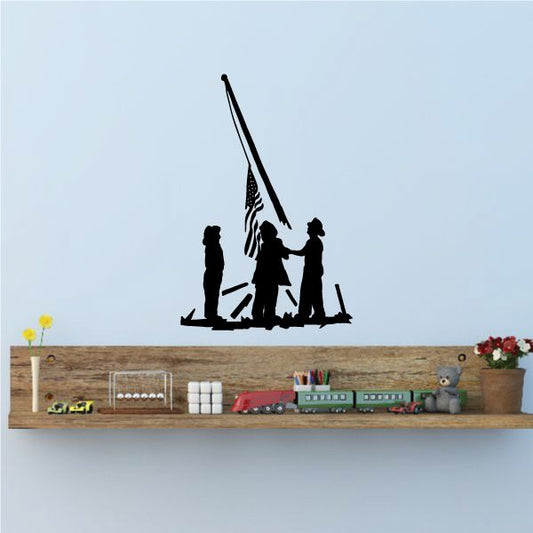 American Heroes wall decal with black silhouette of patriotic figures raising a flag