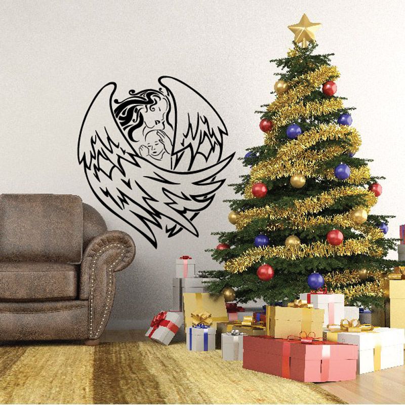 Angel holding baby wall decal, black outline with wings and star