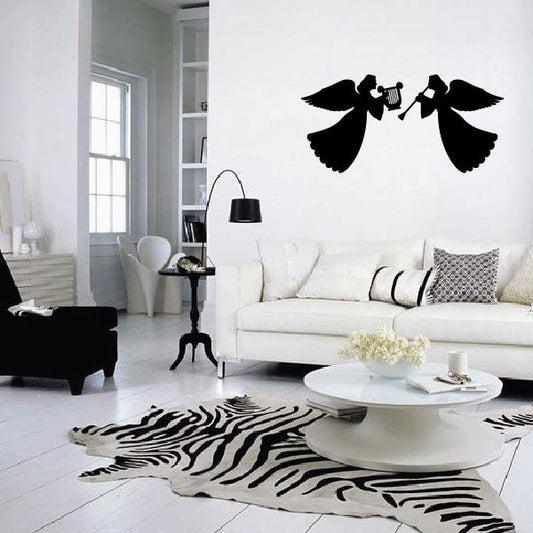 Black angel playing music wall decal with spread wings