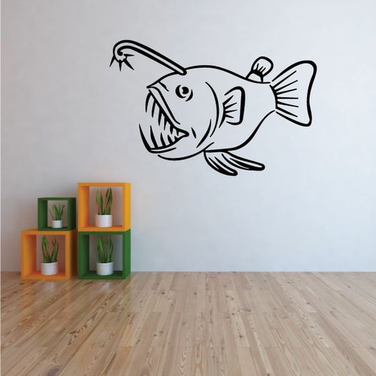 Angler fish wall decal vinyl, gray cartoon fish with dangling lure and fins