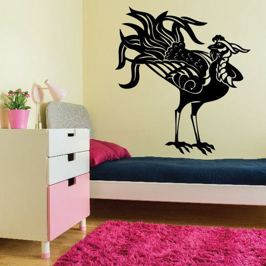Black peacock wall decal with flowing tail feathers and detailed body