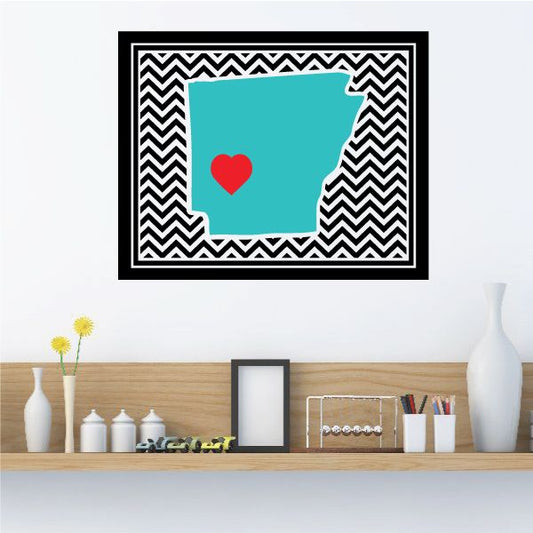 Arkansas chevron wall sticker with teal state outline and red heart