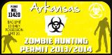 Arkansas zombie hunting permit sticker, yellow with zombie hunter graphic and permit text